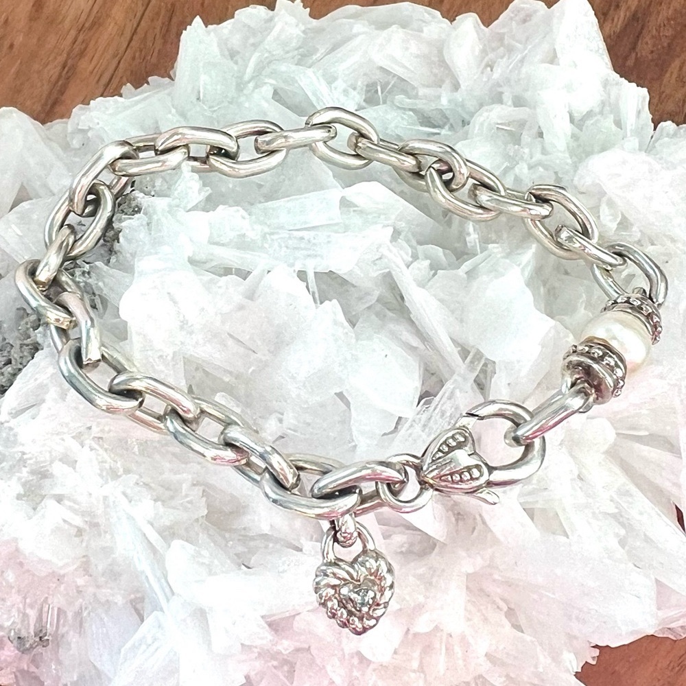 Judith Ripka Pearl & Diamond Heart Charm Smooth Link Bracelet